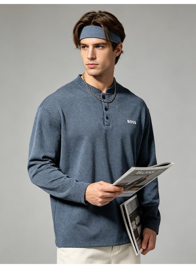 BOSS Henley Neck Long Sleeve Shirt For Men's Women's, Grey Blue - Image 1