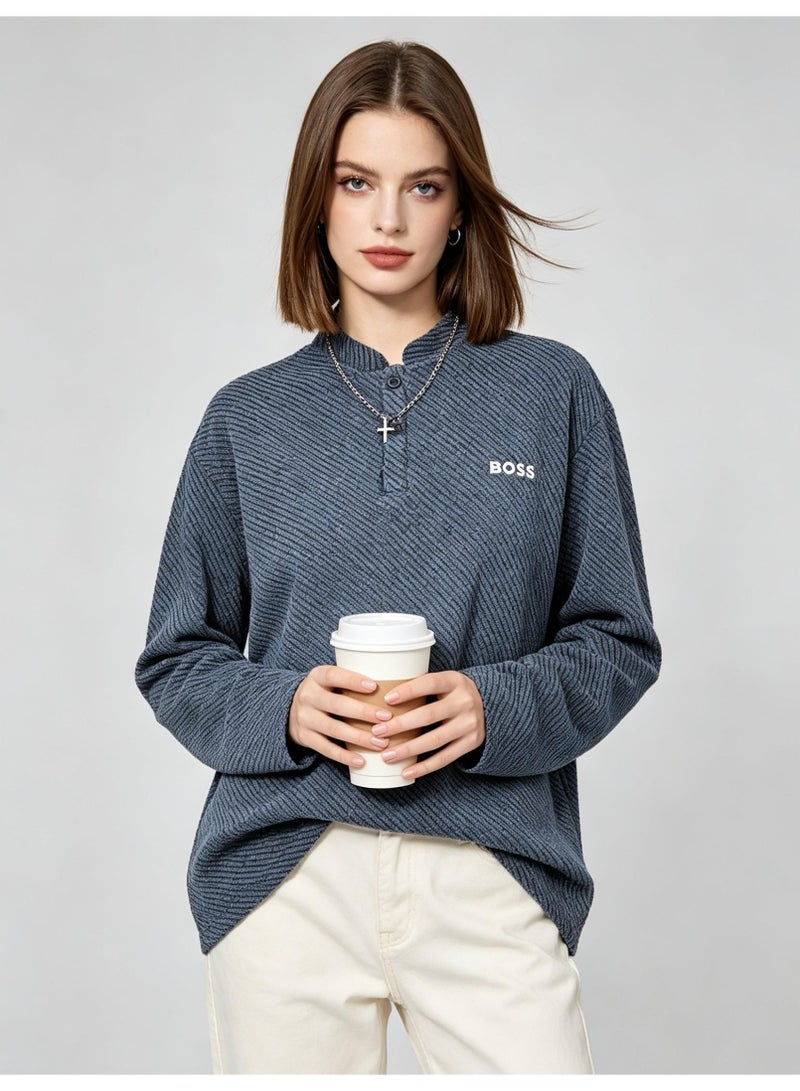 BOSS Henley Neck Long Sleeve Shirt For Men's Women's, Grey Blue - Image 2