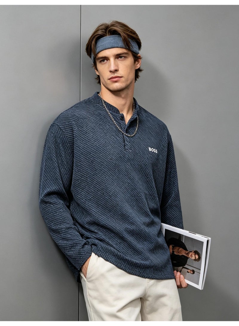 BOSS Henley Neck Long Sleeve Shirt For Men's Women's, Grey Blue - Image 3