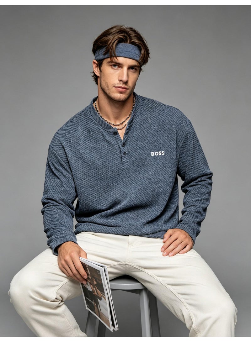 BOSS Henley Neck Long Sleeve Shirt For Men's Women's, Grey Blue - Image 4