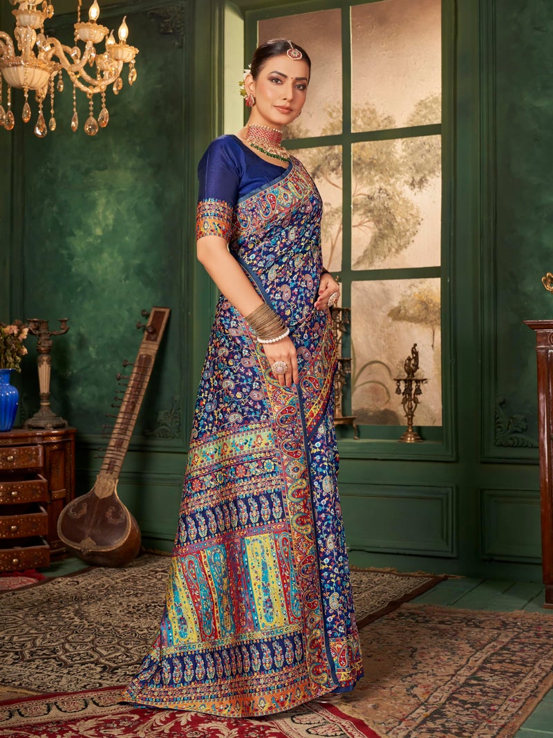 Glory Sarees Women's Kashmiri Pashmina Silk Woven Saree With Blouse Piece (Heritage_Silk110_Navy) - Image 4
