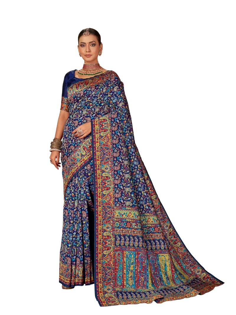 Glory Sarees Women's Kashmiri Pashmina Silk Woven Saree With Blouse Piece (Heritage_Silk110_Navy) - Image 1