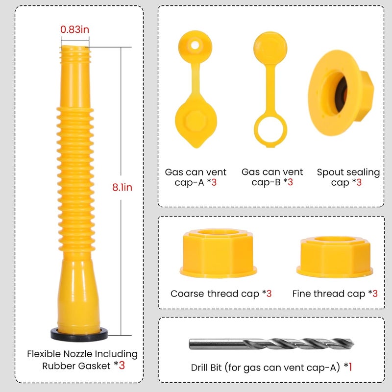 Kilwani Upgraded Gas Can Spout Replacement, 3-Pack Gas Can Nozzle Leak-Proof Design, Gas Can Spouts with Flexible Nozzles Easy Pour, Fuel Can Vent Caps, Drill Bit, Fit for Most 1/2/5/10 Gallon Plastic Gas Can Classic practical design - Image 2