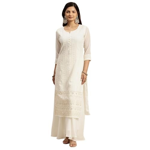 RATAN Women's Georgette Straight Lucknowi Chikankari Regular Fit Ethnic Wear Kurta (Van-1244-S_Off White) - Image 1