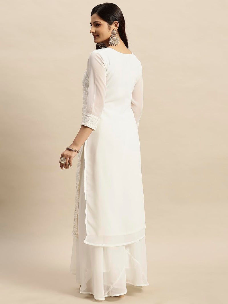 RATAN Women's Georgette Straight Lucknowi Chikankari Regular Fit Ethnic Wear Kurta (Van-1244-S_Off White) - Image 3