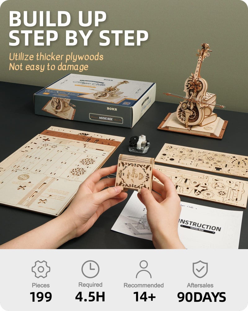 ROKR 3D Wooden Puzzles for Adults,Wooden Music Box Kits-Cello Wood Model Kits for Adults to Build,Stem Projects for Teens,Birthday Gifts Hobbies for Women Men - Image 5