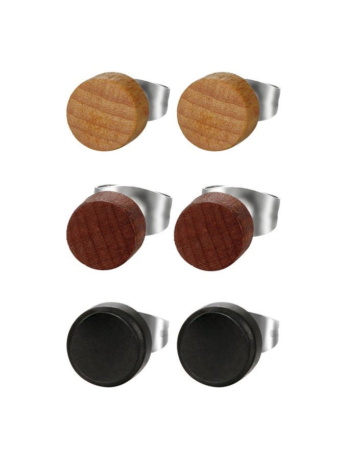 Cupimatch 3 Pairs Wood Stud Earrings for Men, Unisex Round Pierced Earrings Set 8mm (Wooden) - Image 1
