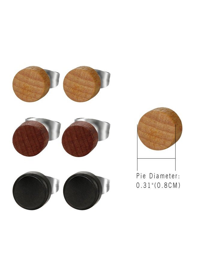 Cupimatch 3 Pairs Wood Stud Earrings for Men, Unisex Round Pierced Earrings Set 8mm (Wooden) - Image 5
