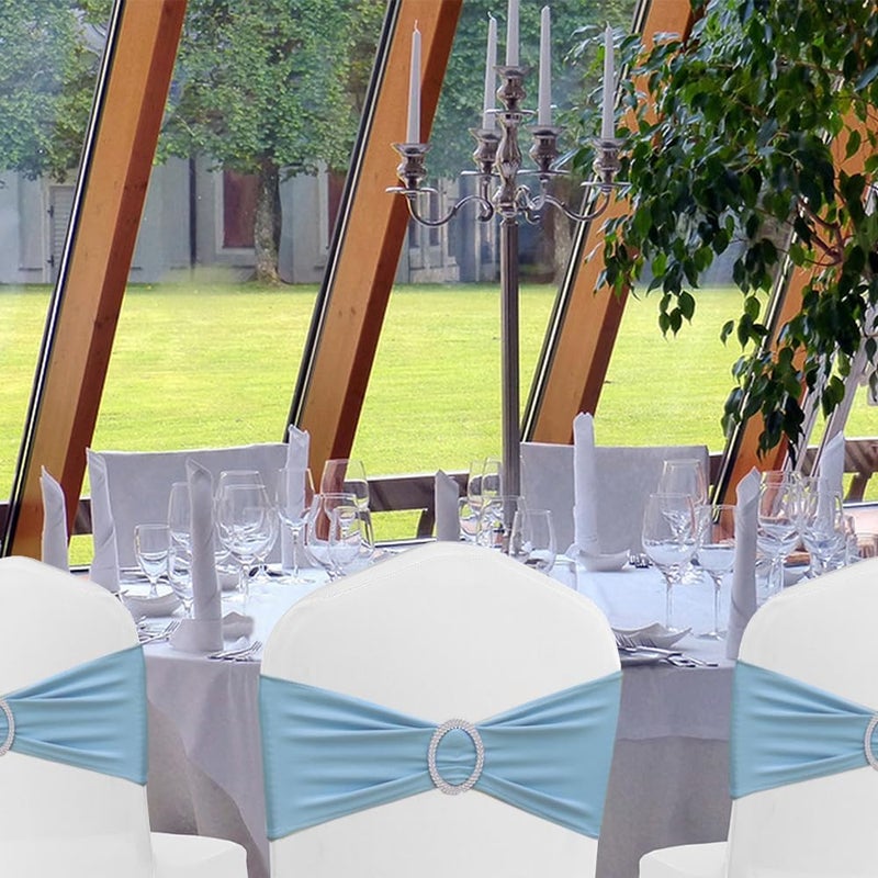 MAGTOWNE Baby Blue Chair Sashes 50 Pack for Wedding Blue Spandex Chair Sashes Baby Blue Sashes for Folding Chairs - Image 2