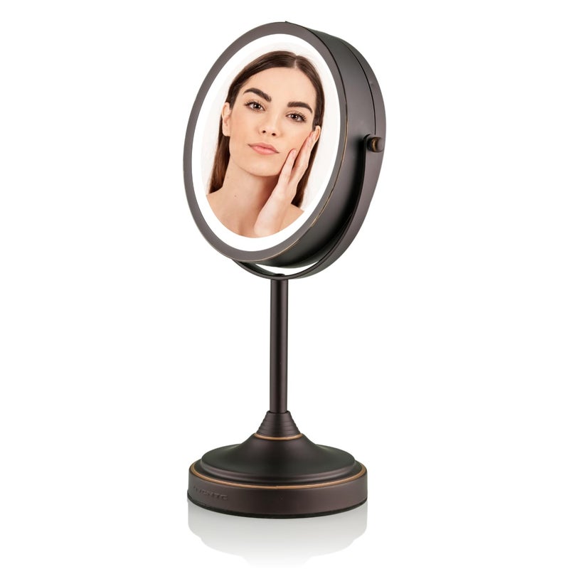 OVENTE 7 Lighted Makeup Mirror with 1X7X Magnification Cordless Tabletop Mount Vanity Mirror with 360 Swivel Design  Double Sided Glow Cosmetic White LED Ring Light Antique Bronze MCT70ABZ1X7X