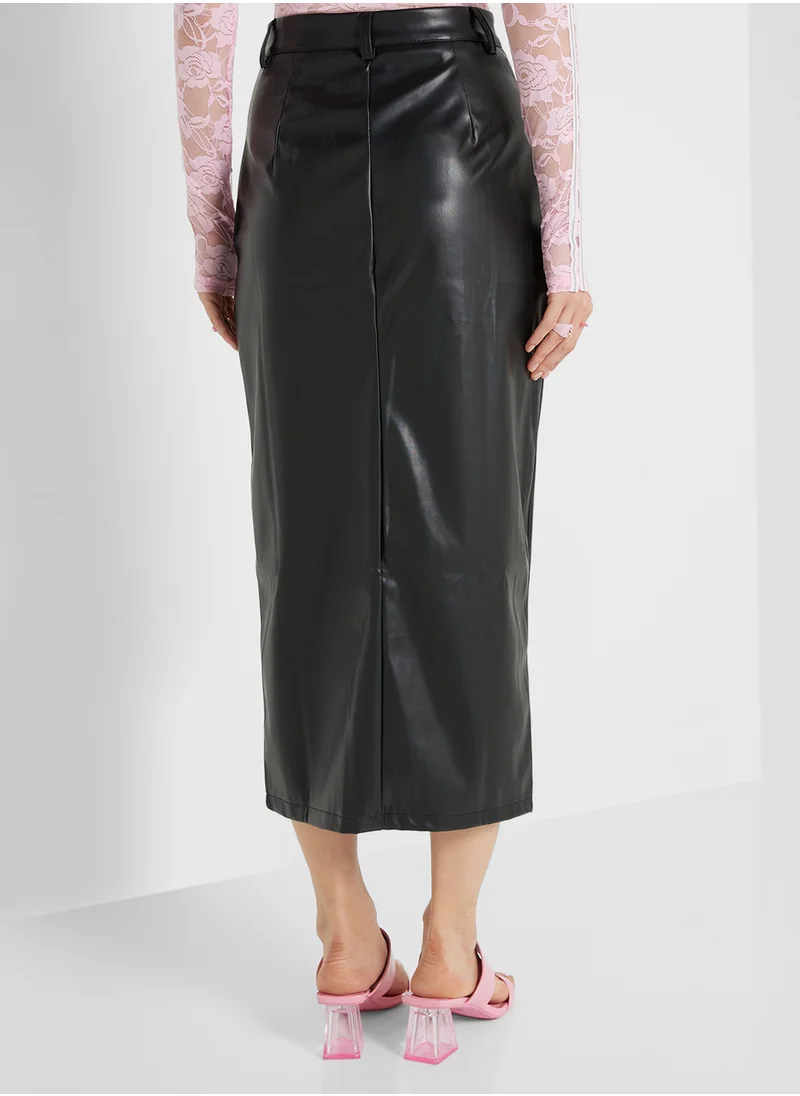 Ginger Pu Leather Midi Skirt With Slit