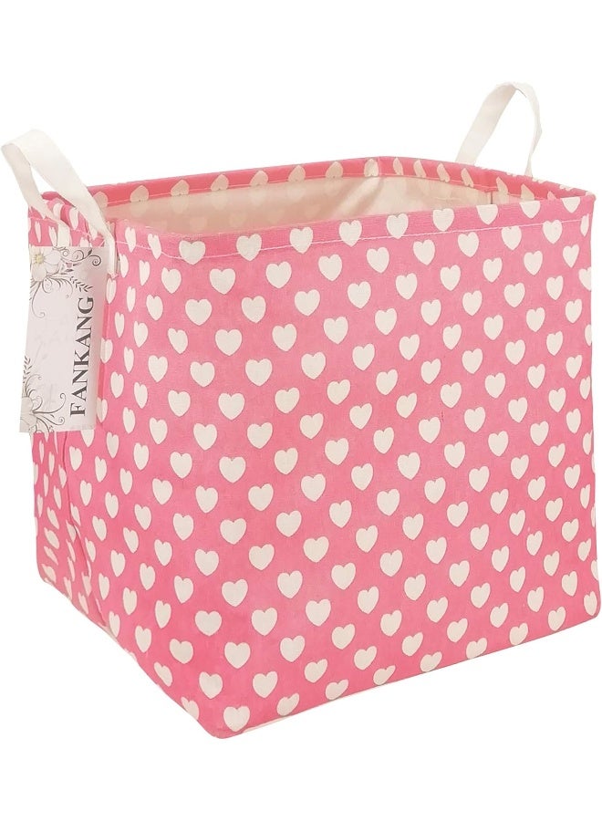FANKANG FANKANG Square Nursery Hamper Storage Bins Canvas Laundry Basket Foldable with Waterproof PE Coating Large Storage Baskets Gift Baskets for Children, Office, Bedroom, Clothes,Toys (Square Pink Heart)  - Image 1