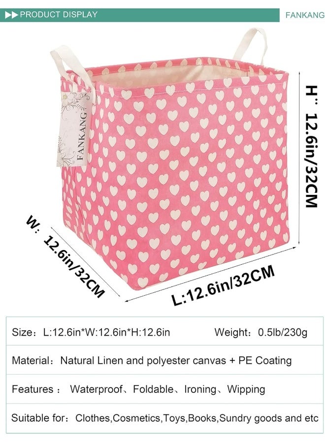 FANKANG FANKANG Square Nursery Hamper Storage Bins Canvas Laundry Basket Foldable with Waterproof PE Coating Large Storage Baskets Gift Baskets for Children, Office, Bedroom, Clothes,Toys (Square Pink Heart)  - Image 2