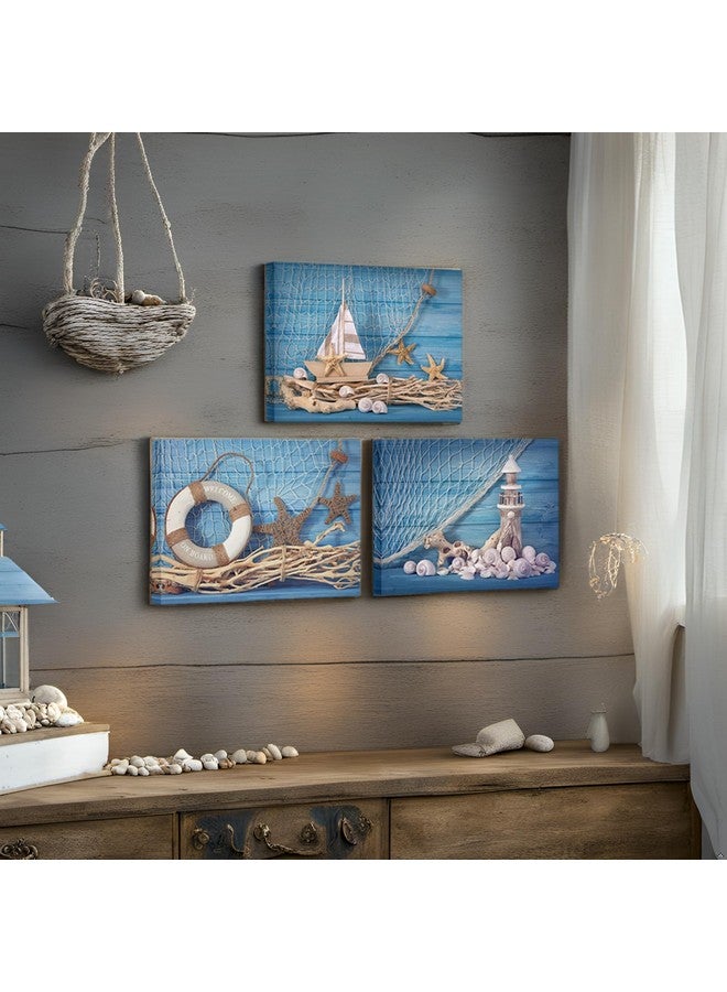 LevvArts 3 Piece Beach Canvas Wall Art Seashell Startfish with Blue Board Picture Prints Maritime Sailing Boat Lighthouse Poster Painting for Bathroom Gallery Canvas Wrapped Ready to Hang - Image 3