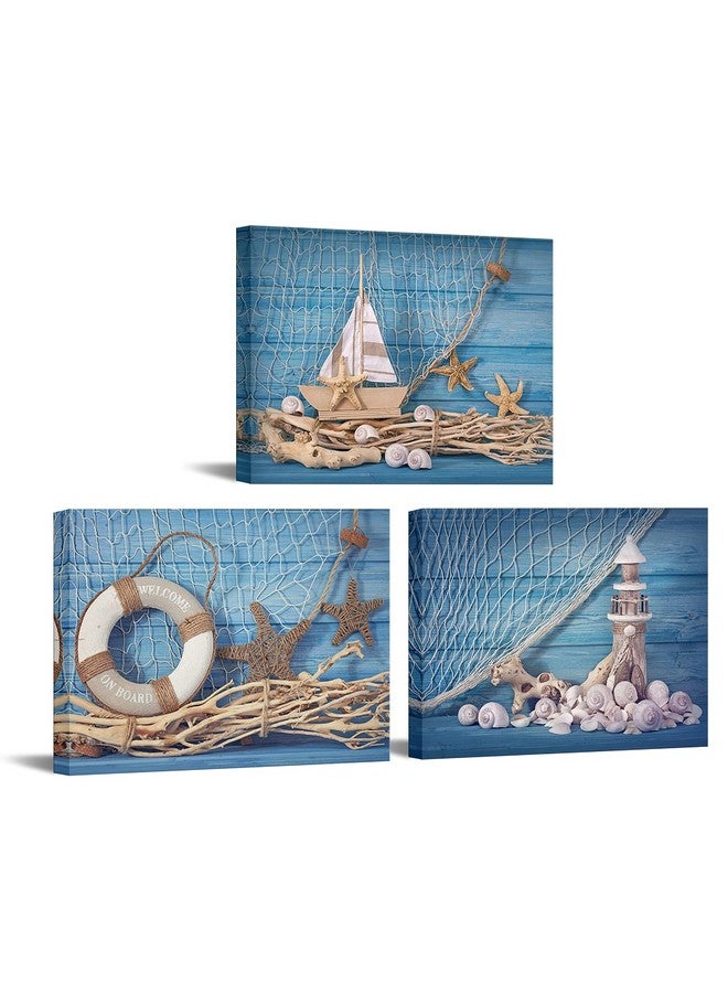 LevvArts 3 Piece Beach Canvas Wall Art Seashell Startfish with Blue Board Picture Prints Maritime Sailing Boat Lighthouse Poster Painting for Bathroom Gallery Canvas Wrapped Ready to Hang - Image 1