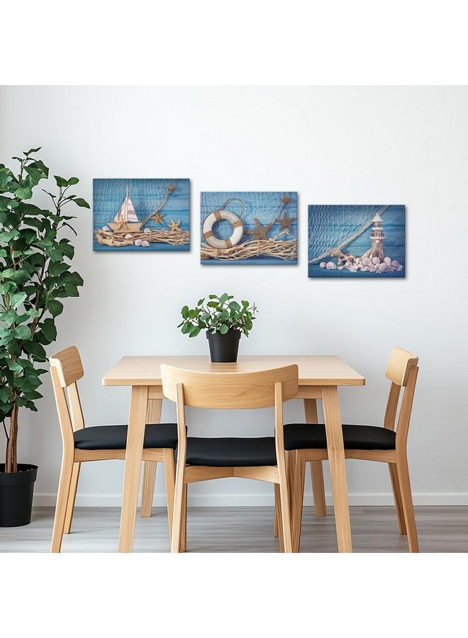 LevvArts 3 Piece Beach Canvas Wall Art Seashell Startfish with Blue Board Picture Prints Maritime Sailing Boat Lighthouse Poster Painting for Bathroom Gallery Canvas Wrapped Ready to Hang - Image 5