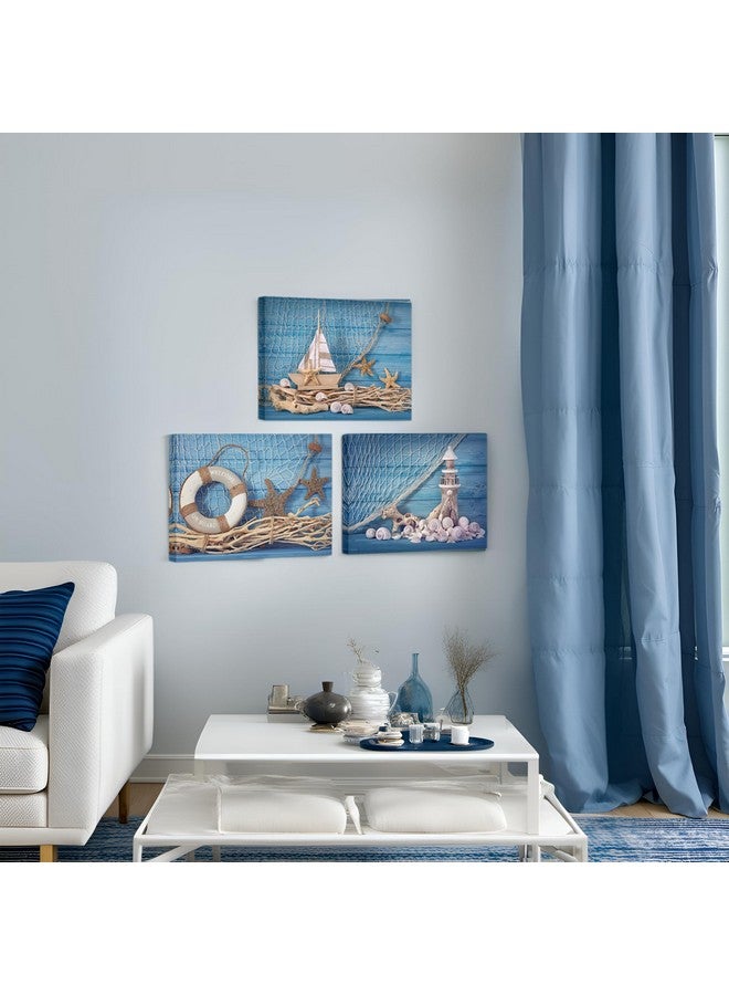 LevvArts 3 Piece Beach Canvas Wall Art Seashell Startfish with Blue Board Picture Prints Maritime Sailing Boat Lighthouse Poster Painting for Bathroom Gallery Canvas Wrapped Ready to Hang - Image 2