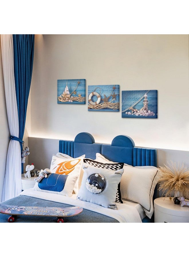 LevvArts 3 Piece Beach Canvas Wall Art Seashell Startfish with Blue Board Picture Prints Maritime Sailing Boat Lighthouse Poster Painting for Bathroom Gallery Canvas Wrapped Ready to Hang - Image 4