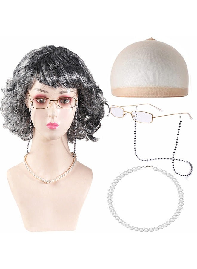 جمورو زي السيدة العجوز المستعار للنساء، زي 100 يوم من المدرسة للفتيات الصغيرات، شعر مستعار لزي الجدة والجدة للحفلات التنكرية