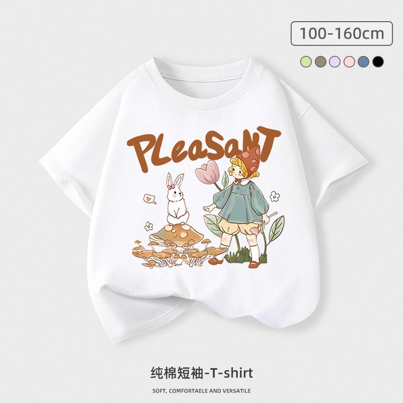 Girls Short-Sleeved Cotton T-Shirt New Summer Loose Top Large Children'S Sweet Cartoon Pink Half-Sleeve Trendy - Image 3