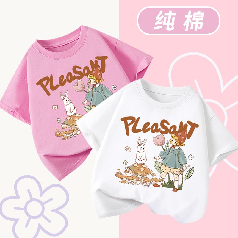 Girls Short-Sleeved Cotton T-Shirt New Summer Loose Top Large Children'S Sweet Cartoon Pink Half-Sleeve Trendy - Image 2