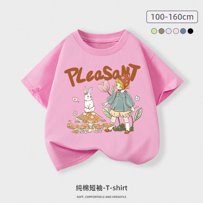 Girls Short-Sleeved Cotton T-Shirt New Summer Loose Top Large Children'S Sweet Cartoon Pink Half-Sleeve Trendy - Image 4