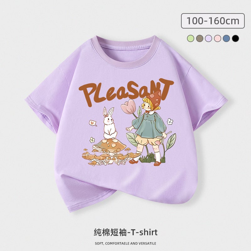 Girls Short-Sleeved Cotton T-Shirt New Summer Loose Top Large Children'S Sweet Cartoon Pink Half-Sleeve Trendy - Image 1
