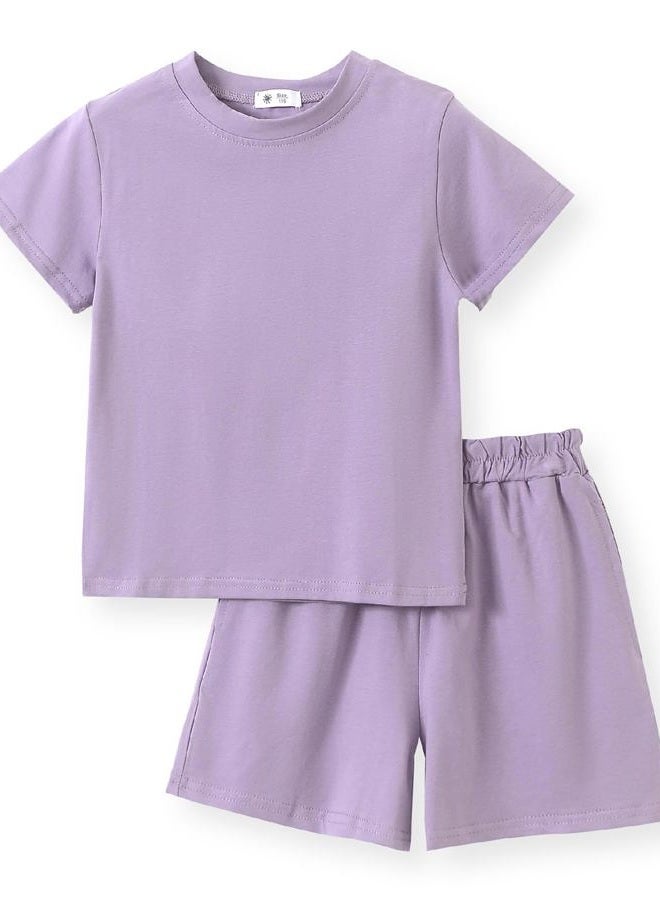 ACESTAR Toddler Baby Girls Summer Clothes Set - Cotton Solid Plain Short Sleeve T-Shirt Tops + Shorts Cute Outfits Set (Purple,150/8Y-9Y) - Image 1