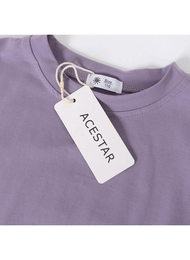 ACESTAR Toddler Baby Girls Summer Clothes Set - Cotton Solid Plain Short Sleeve T-Shirt Tops + Shorts Cute Outfits Set (Purple,150/8Y-9Y) - Image 3
