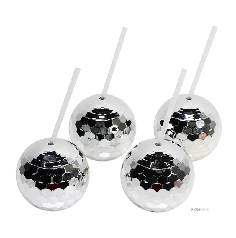 أكواب كرة الديسكو من أنداز برس بسعة 19 أونصة مع قشة فضية 4 عبوات لحفلات التخرج والذكرى السنوية وحفلات العزوبية وأعياد الميلاد