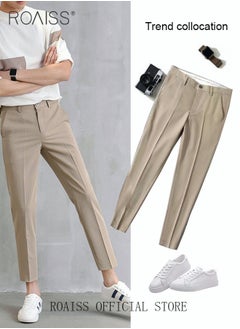 roaiss Men's Suit Pants Straight-Leg Slacks Cropped Pants with Elastic Waist and Good Hang Down Feeling  - Image 5