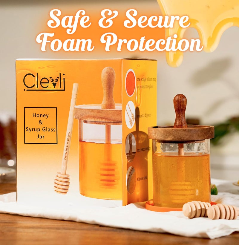 كليفلي طقم مرطبان عسل CLEVLI سعة 12 أونصة مع حصيرة سيليكون وغطاءين إضافيين وغطاء خشبي محكم وصندوق هدايا مخصص | وعاء عسل زجاجي للعسل والشراب | أدوات مطبخ متينة وأنيقة - Image 5