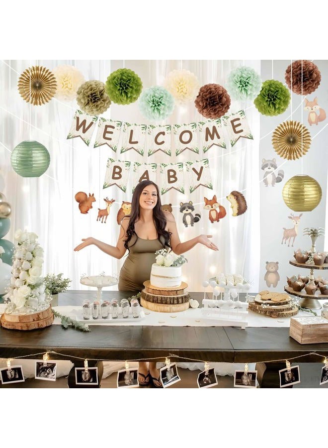 Kriyokiaa Woodland Baby Shower Decorations 15 Pcs Baby Shower Decorations with Welcome Baby Banners Paper Lantern Paper Flower Pom Poms Perfect for Indoor & Outdoor Celebrations - Image 3