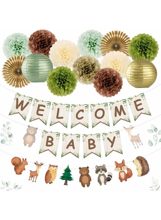 Kriyokiaa Woodland Baby Shower Decorations 15 Pcs Baby Shower Decorations with Welcome Baby Banners Paper Lantern Paper Flower Pom Poms Perfect for Indoor & Outdoor Celebrations - Image 1