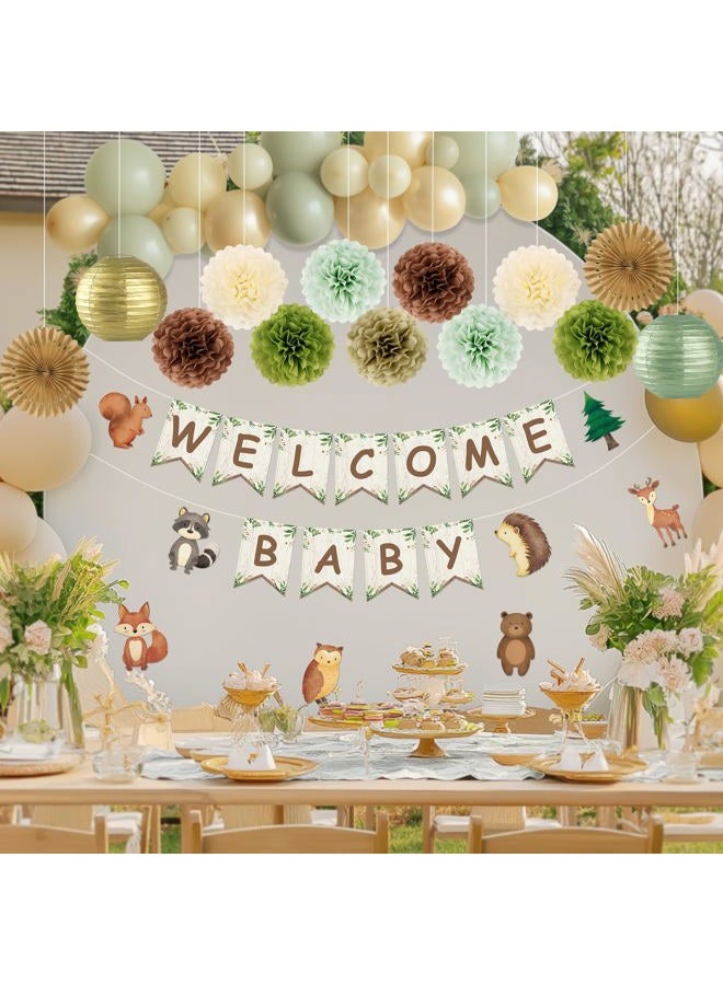 Kriyokiaa Woodland Baby Shower Decorations 15 Pcs Baby Shower Decorations with Welcome Baby Banners Paper Lantern Paper Flower Pom Poms Perfect for Indoor & Outdoor Celebrations - Image 4