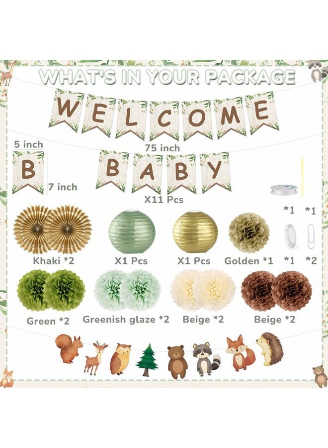 Kriyokiaa Woodland Baby Shower Decorations 15 Pcs Baby Shower Decorations with Welcome Baby Banners Paper Lantern Paper Flower Pom Poms Perfect for Indoor & Outdoor Celebrations - Image 5