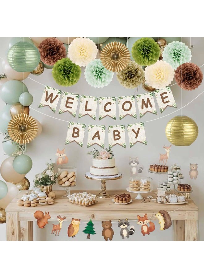 Kriyokiaa Woodland Baby Shower Decorations 15 Pcs Baby Shower Decorations with Welcome Baby Banners Paper Lantern Paper Flower Pom Poms Perfect for Indoor & Outdoor Celebrations - Image 2