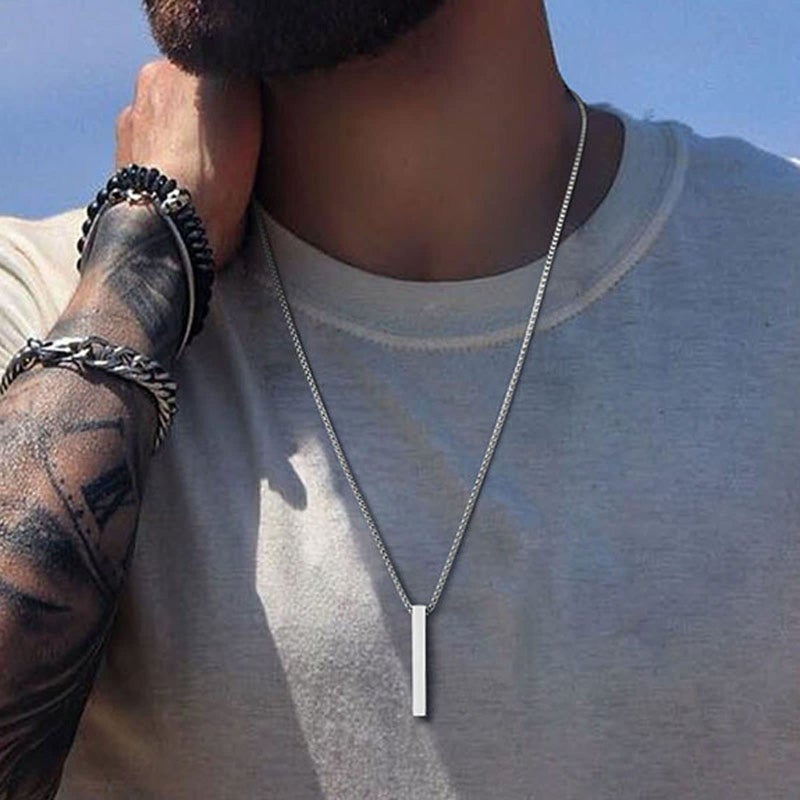 NAIQUBE Rectangle Bar Necklace For Men Stainless Steel Box Chain Pendant Jewelry Length 22inch Csilver - Image 2