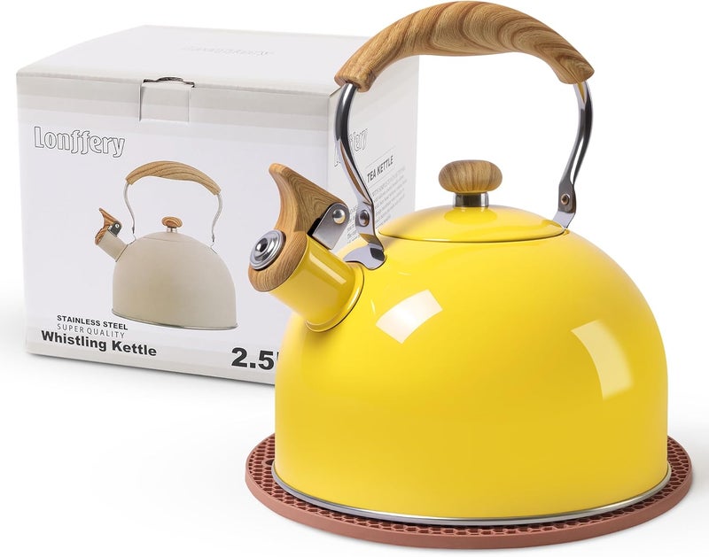 Lonffery Tea Kettle, 2.5 Quart Whistling Tea Kettle, Tea Pots for Stove Top Food Grade Stainless Steel with Wood Pattern Folding Handle - Yellow - Image 1