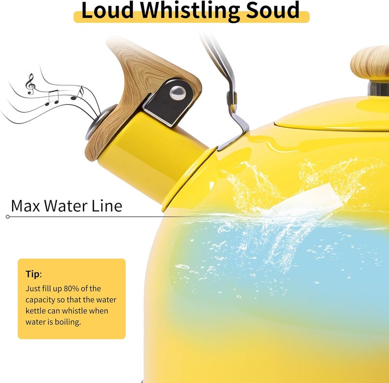 Lonffery Tea Kettle, 2.5 Quart Whistling Tea Kettle, Tea Pots for Stove Top Food Grade Stainless Steel with Wood Pattern Folding Handle - Yellow - Image 3