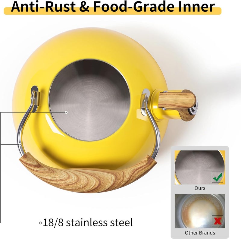 Lonffery Tea Kettle, 2.5 Quart Whistling Tea Kettle, Tea Pots for Stove Top Food Grade Stainless Steel with Wood Pattern Folding Handle - Yellow - Image 2