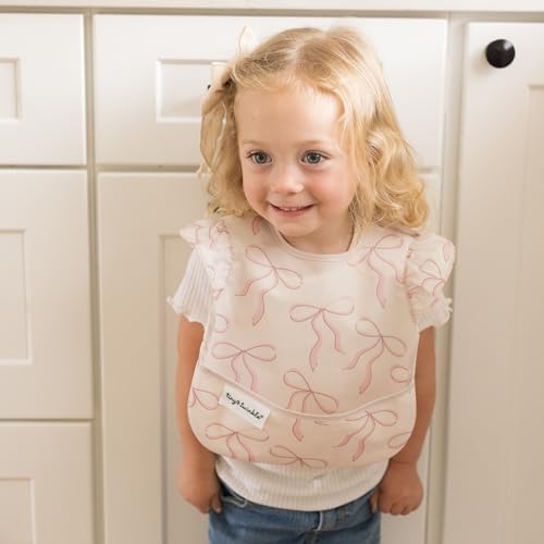 Tiny Twinkle Mess-Proof Baby Bibs for Eating | Waterproof, Wipeable Toddler Bibs with Catch-All Pocket | Feeding Bibs for Girls & Boys(3 Pack,Toile,Bows) - Image 2