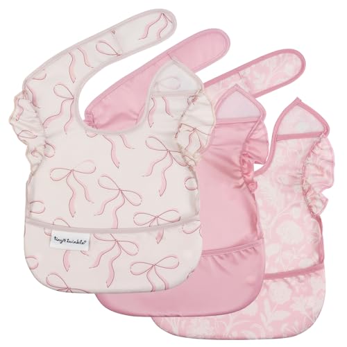 Tiny Twinkle Mess-Proof Baby Bibs for Eating | Waterproof, Wipeable Toddler Bibs with Catch-All Pocket | Feeding Bibs for Girls & Boys(3 Pack,Toile,Bows) - Image 1