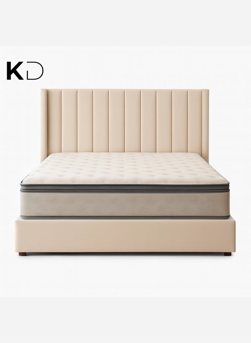 كستم ديكو سرير موناكو بتصميم عصري من المخمل المنجد مع لوح رأسي طويل منجد بقنوات وقاعدة منصة متينة بتصميم قابل للتخصيص، مقاس مزدوج 120×200 سم - بيج - Image 1