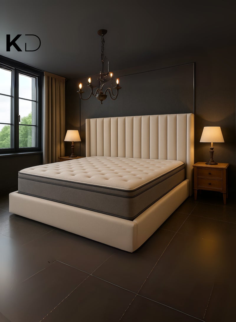 كستم ديكو سرير موناكو بتصميم عصري من المخمل المنجد مع لوح رأسي طويل منجد بقنوات وقاعدة منصة متينة بتصميم قابل للتخصيص، مقاس مزدوج 120×200 سم - بيج - Image 2