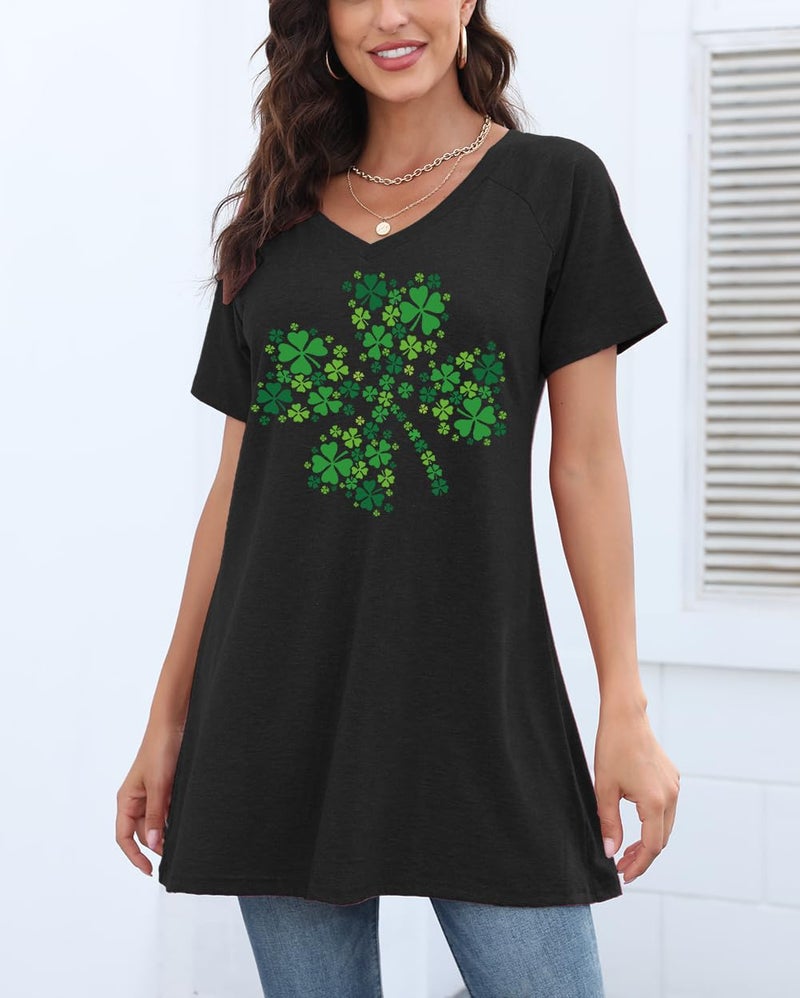 KKG Womens St Patricks Day Shirt Shamrock Long Tunics or Tops to Wear with Leggings Plus Size, Loose Fit V Neck Short Sleeves - Image 3