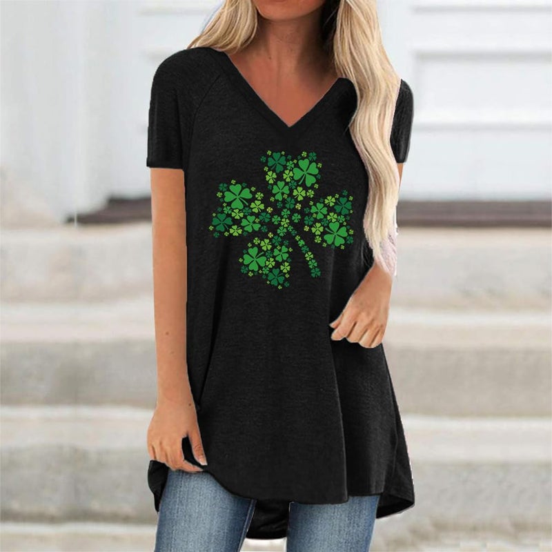 KKG Womens St Patricks Day Shirt Shamrock Long Tunics or Tops to Wear with Leggings Plus Size, Loose Fit V Neck Short Sleeves - Image 2