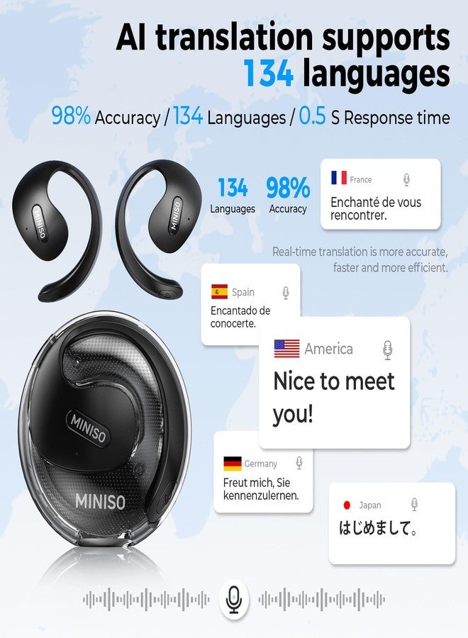 ميني سو سماعات MINISO X15PRO للترجمة الفورية بتقنية الذكاء الاصطناعي، مترجم لغات ثلاثي في واحد مع تطبيق، تدعم 134 لغة، سماعات رأس مفتوحة الأذن للترجمة، مثالية للتعلم والسفر والأعمال. - Image 2