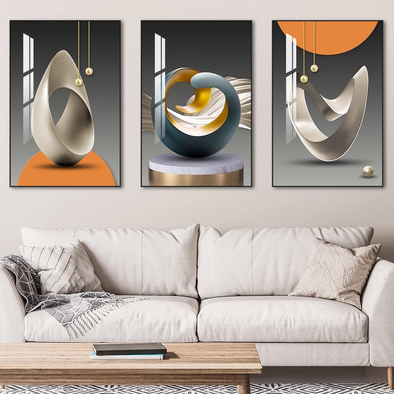MPLONG Bright Style Large Framed Wall Art, Abstract Modern Art Shape Pattern White Blue Yellow Grey Wall Art Artfully Matching Living Room Bedroom Office Wall Decor - 24"x 32"x 3 Panels - Image 4