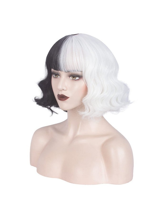 ويكين باروكة WeKen باللونين الأسود والأشقر للبنات باروكة قصيرة مموجة نصفها أسود ونصفها أشقر مع غرة من تصميم Cruella Deville للنساء باروكة صناعية للحفلات اليومية (أسود وأبيض مع غرة) - Image 1